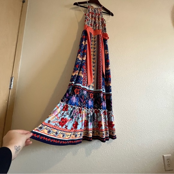 NWOT Maggy London Women's Multicolor Blue Print High Neck Maxi Dress Size 2 - Picture 6 of 10